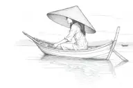 an abstract drawing of a  vietnamese girl with a vietnamese  hat on a vietnamese fishing boat in the distance  tattoo design idea
