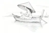 an abstract drawing of a  vietnamese girl with a vietnamese  hat on a vietnamese fishing boat in the distance  tattoo design idea