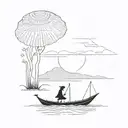 sillouette of a vietnamese boat in the distance with a vietnamese girl wearing a traditional hat on it. tattoo design idea