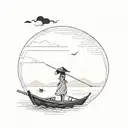 sillouette of a vietnamese boat in the distance with a vietnamese girl wearing a traditional hat on it. tattoo design idea