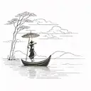 sillouette of a vietnamese boat in the distance with a vietnamese girl wearing a traditional hat on it. tattoo design idea