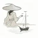sillouette of a vietnamese boat in the distance with a vietnamese girl wearing a traditional hat on it. tattoo design idea
