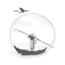 sillouette of a vietnamese boat in the distance with a vietnamese girl wearing a traditional hat on it. tattoo design idea