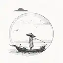 sillouette of a vietnamese boat in the distance with a vietnamese girl wearing a traditional hat on it. tattoo design idea