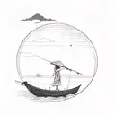 sillouette of a vietnamese boat in the distance with a vietnamese girl wearing a traditional hat on it. tattoo design idea