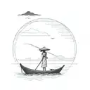 sillouette of a vietnamese boat in the distance with a vietnamese girl wearing a traditional hat on it. tattoo design idea