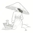 a Vietnamese woman in a traditional Vietnamese dress in a Vietnamese fishing boat facing away with no background  tattoo design idea