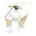 a Vietnamese woman in a traditional Vietnamese dress in a Vietnamese fishing boat facing away with no background  tattoo design idea