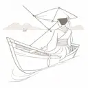 a Vietnamese woman in a traditional Vietnamese dress in a Vietnamese fishing boat facing away with no background  tattoo design idea