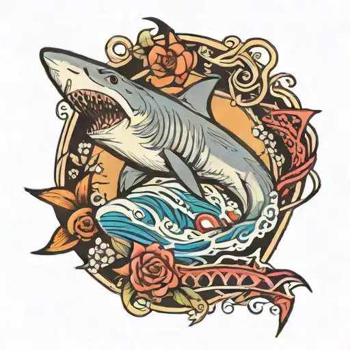 chain of a shark and someone surfing inside  tattoo design idea