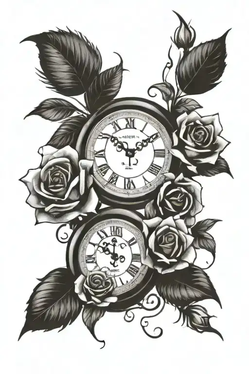 Clock with 3 roses tattoo design idea