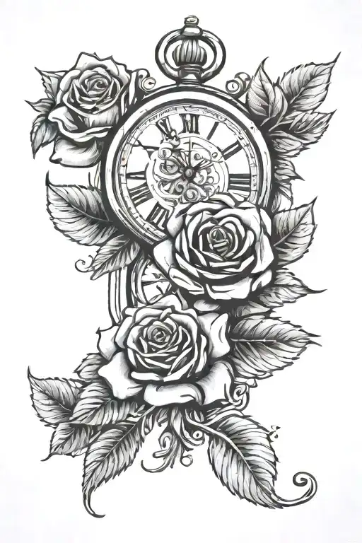 Clock with 3 roses tattoo design idea