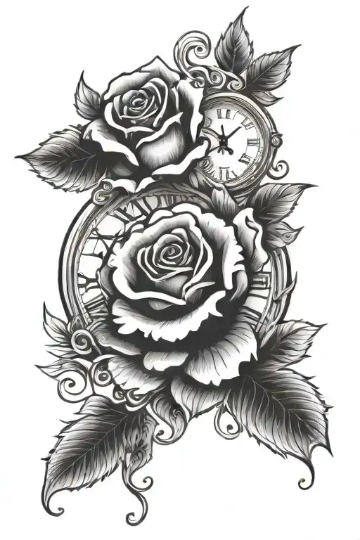 Clock with 3 roses tattoo design idea