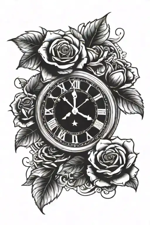 Clock with 3 roses tattoo design idea