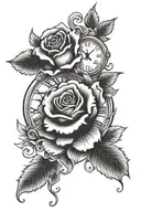 Clock with 3 roses tattoo design idea