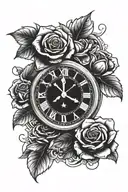 Clock with 3 roses tattoo design idea