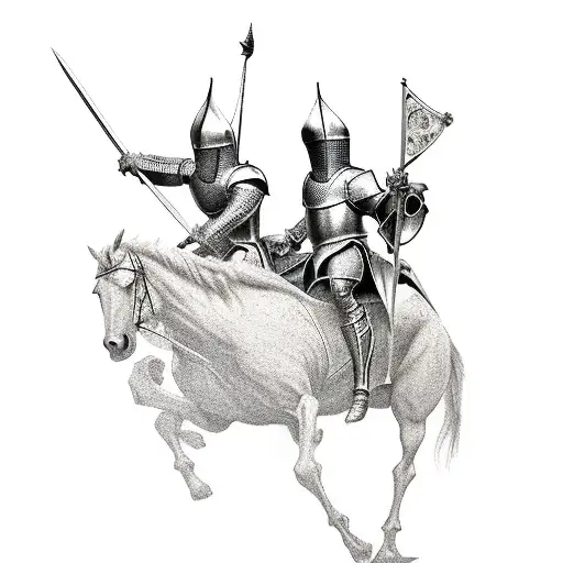 medieval knight on a horse and young squire fight a trex tattoo design idea