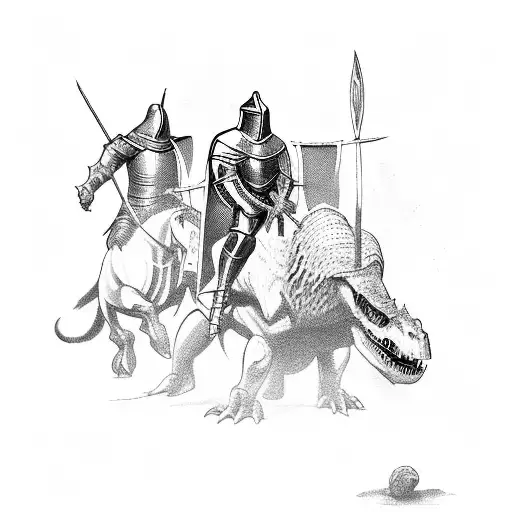 medieval knight and young squire fight a malevolent trex tattoo design idea