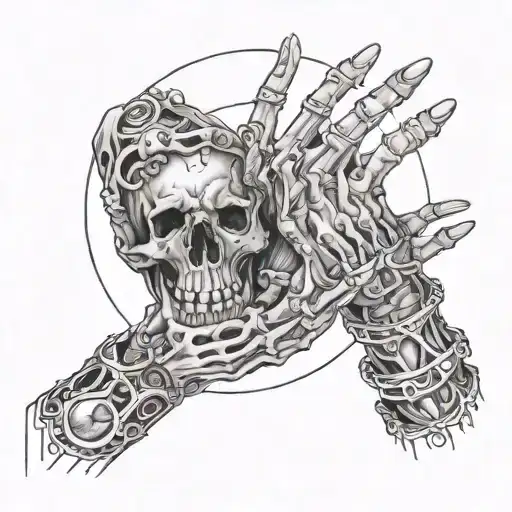 create a tattoo, concept: praying woman hand, long nailes, rotting skin, under skeleton parts, background a ouija board  tattoo design idea