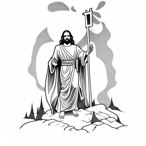 Jesus crossing on the mountain Golgath with Father Death praying on his knees tattoo design idea