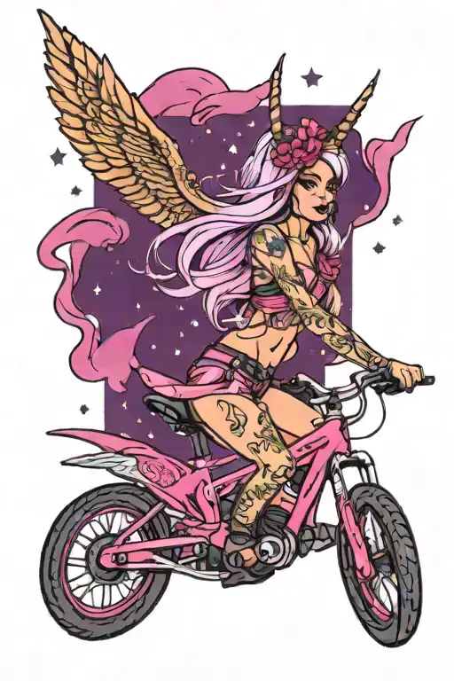 pinky purple Girly mountain biker wearing bikini with sparkles and unicorns and ribbons for girls tattoo design idea