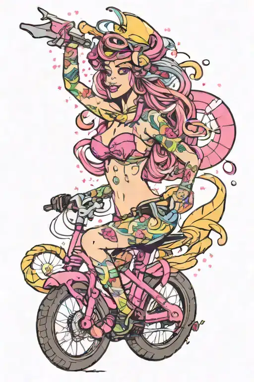 pinky Girly mountain biker wearing bikini with sparkles and unicorns and ribbons tattoo design idea