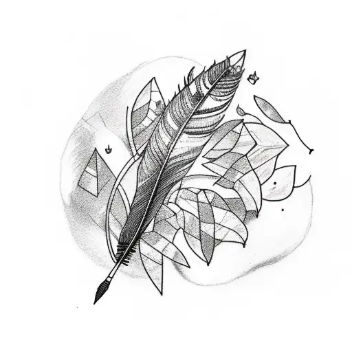 A tattoo with leaf, feather, dots and saturn tattoo design idea