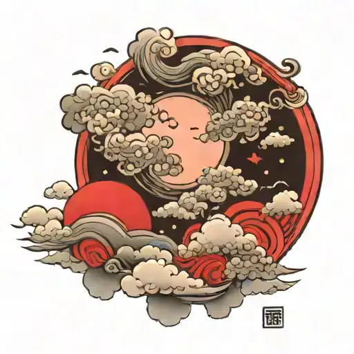 clouds and red moon surrounded tattoo design idea