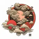 clouds and red moon surrounded tattoo design idea