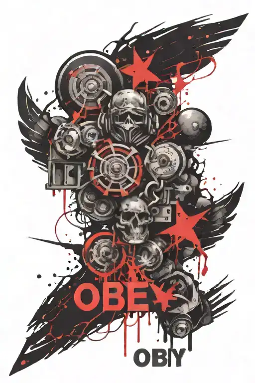a gloomy tattoo with the words "obey", "listen", "repeat", "sleep". tattoo design idea