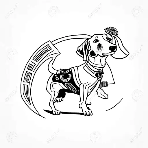 A minimalist tattoo of a dachshund dressed as a Greek warrior tattoo design idea