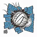 A volleyball breaking through a brick wall with the words 'Strength and Determination' incorporated into the design tattoo design idea