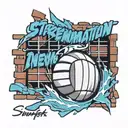 A volleyball breaking through a brick wall with the words 'Strength and Determination' incorporated into the design tattoo design idea