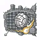 A volleyball breaking through a brick wall with the words 'Strength and Determination' incorporated into the design tattoo design idea