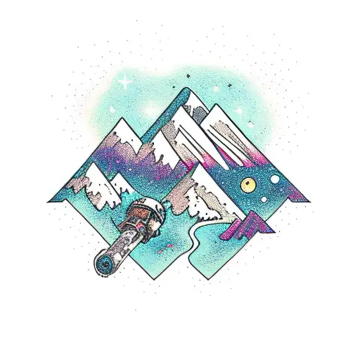 Mountains and galaxies merging in a surreal landscape tattoo design idea