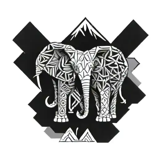 A geometric pattern featuring two elephants facing each other, surrounded by symbols of dental hygiene and mountain peaks tattoo design idea