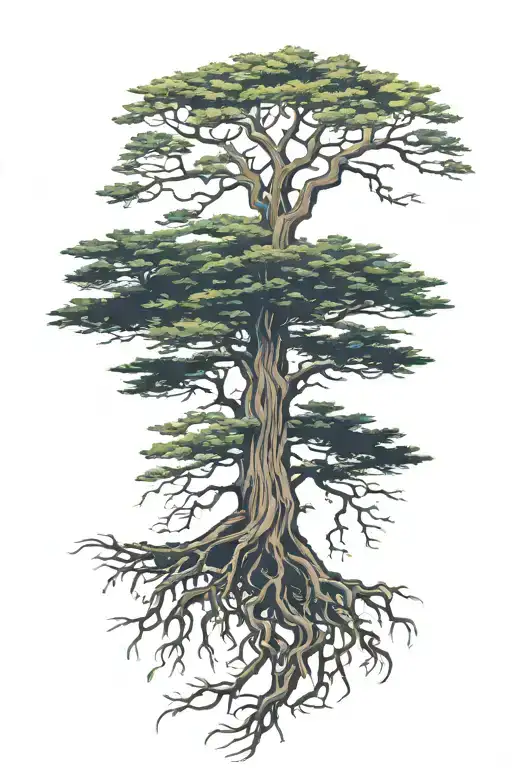 cedar tree with roots reaching deep tattoo design idea