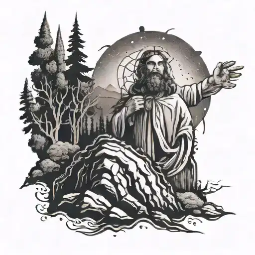A symbolic tattoo representing the client's journey to sobriety, with Jesus guiding them through the wilderness of life tattoo design idea