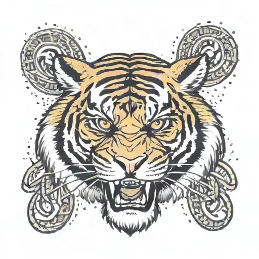 An LSU tiger mascot roaring triumphantly, with subtle religious symbols like a cross in the background tattoo design idea