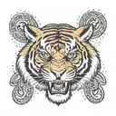 An LSU tiger mascot roaring triumphantly, with subtle religious symbols like a cross in the background tattoo design idea