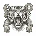 An LSU tiger mascot roaring triumphantly, with subtle religious symbols like a cross in the background tattoo design idea