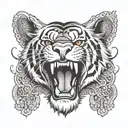 An LSU tiger mascot roaring triumphantly, with subtle religious symbols like a cross in the background tattoo design idea