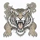 An LSU tiger mascot roaring triumphantly, with subtle religious symbols like a cross in the background tattoo design idea