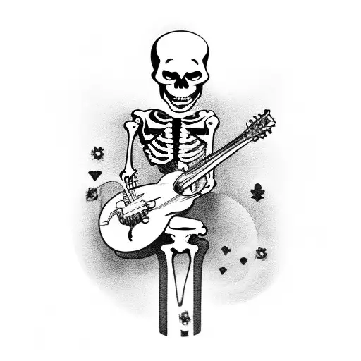 A skeleton playing a guitar inside a vintage car tattoo design idea