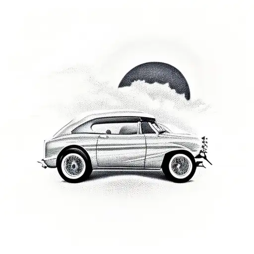 A classic car cruising along the Florida coastline with a sunset in the background tattoo design idea