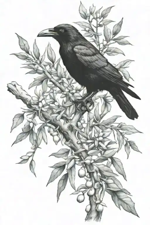 crow in olive tree tattoo design idea