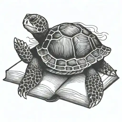 A detailed blackwork tattoo of a sea turtle reading a book in a serene yoga pose tattoo design idea
