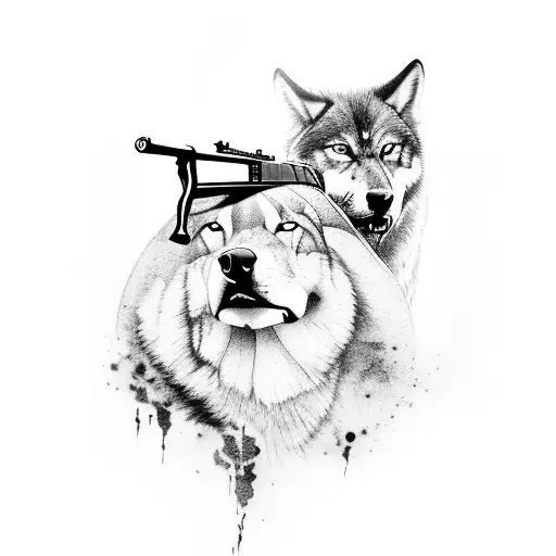 A silhouette of a martial artist holding a gun with a wolf howling in the background tattoo design idea