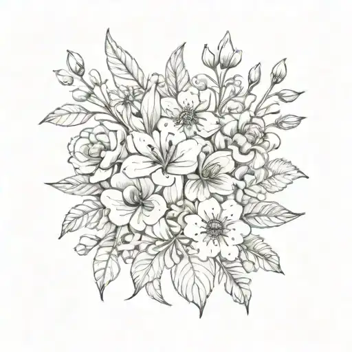 Design with many medium and small flowers of different species, leaves and flower buds tattoo design idea