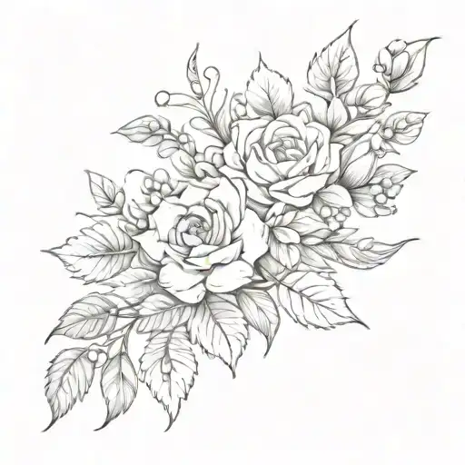 Design with many medium and small flowers of different species, leaves and flower buds for the entire arm tattoo design idea